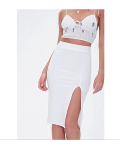 Weiß hoch tailliert Midi Stretch Bleistift Bodycon Rock mit hohem Abnäher Schlitz Neu mit Etikett - Bild 1 von 5