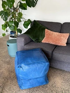 Moroccan Grain Leather Ottoman Pouf Pouffe Footstool STITCHED SQUARE SKY BLUE - Picture 1 of 5