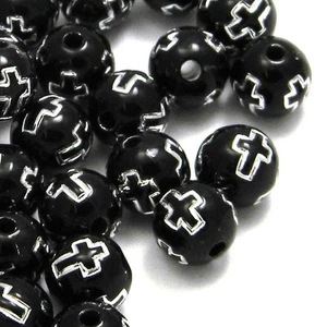 20 cuentas de plástico acrílico redondas negras opacas de 8 mm con acento cruzado plateado grabado - Imagen 1 de 1