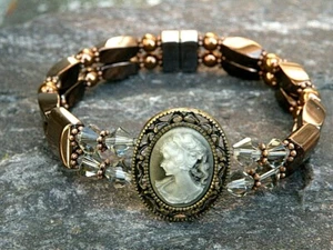 Kupfer magnetischer Hämatit viktorianisches Kamee Armband Fußkettchen schwarz Diamant Swarovski - Bild 1 von 4