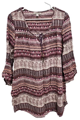 Billabong Womens BOHO Paisley Tunic Top Small Purple Multi Tie Neck 3/4 Sleeve - Image 1 of 4
