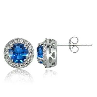 925 Silver Simulated London Blue Topaz and CZ Accents Round Halo Stud Earrings - Image 1 of 4