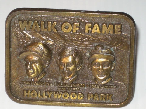 Horse Racing HALL of FAME Belt Buckle =Acaro-Shoemaker-Longdan- JOCKEYS Cover