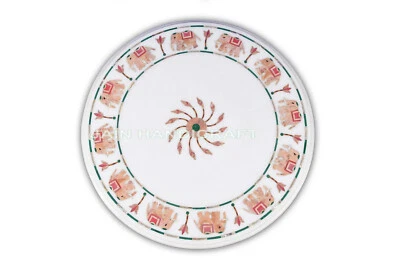 24'' White Marble Table Top Coffee Inlay pietra dura round elephant design table - Image 1 of 3