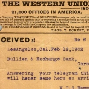 Scarce Vintage 1902 Western Union Telegraph Bullion Exchange Carson City Cashier - Picture 1 of 4