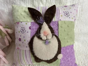 Plush Felt Appliqued Bunny Purple & Lime Minky Fabric Handmade Completed Pillow - Picture 1 of 5