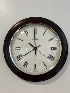 Atomix Analog Wall Clock Wood Round 12" Atomic Radio-Controlled, Works Great - Picture 1 of 11