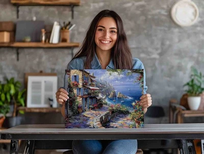 Pintura al óleo mediterránea vista ciudad y mar impresa sobre lienzo, decoración arte mural Foto 1 de 3