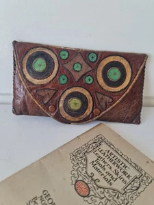 Striking Vintage 1930s Tooled Leather Clutch Bag Purse - Geometric Design - Picture 1 of 21