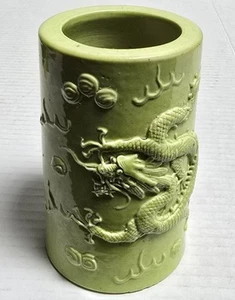 RARE ANTIQUE CHINESE LIME GREEN GLAZE PORCELAIN DRAGON BITONG BRUSH POT SIGNED - Picture 1 of 17