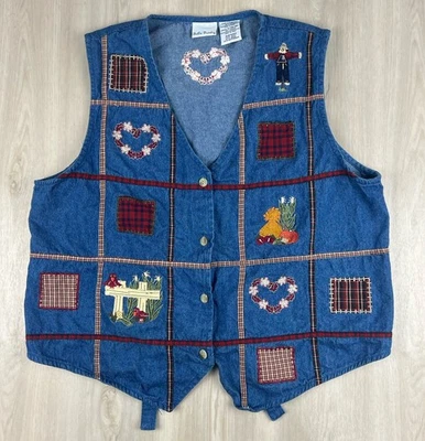 复古 Cottagecore 拼布牛仔背心女式秋季大号 12/14 教师 — 第 1/4 张图片