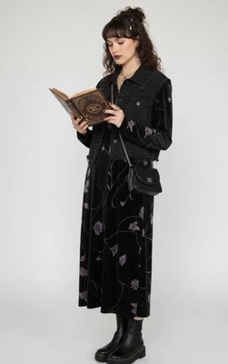 Vtg Y2K Velvet Midi Dress Size L Dark Floral Romantic Whimsigoth 90s Vamp Grunge - Image 1 of 4