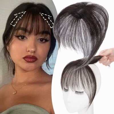 3D Wispy Bangs 100% Remy Human Hair Extensions Topper Clip in Hairpiece Brown  - Image 1 of 4