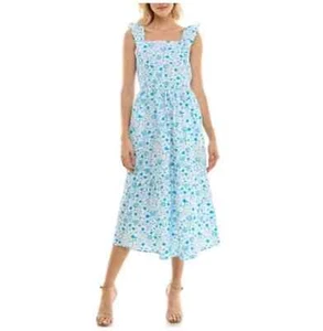 Draper James XXL Cotton Flutter Sleeve Ruffle Smocked Blue Floral Tiered Dress - Picture 1 of 11