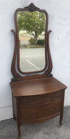 Antique Oak 2 Draw Princess Dresser W/Beveled Mirror 72 1/2” X 30 1/2” X 19 1/2” Cover