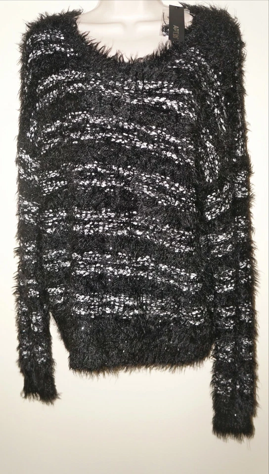 Suéter APT.9 Para Mujer Mixto Hilo Rayas y Lentejuelas L "NEGRO/BLANCO" NUEVO CON ETIQUETAS Venta al por menor $50 Foto 1 de 4
