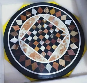 15''Black Marble Unique Sofa Center Table Handmade Chess Pattern Game Room Table - Picture 1 of 10