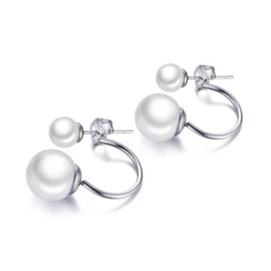 6/10mm Round Freshwater White Pearl Ear Studs Women's Stainless Steel Earrings - Picture 1 of 6
