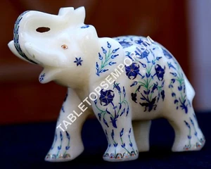 4" White Marble Elephant Sculpture Mosaic Lapis Inlay Stone Christmas Gift H1962 - Picture 1 of 7