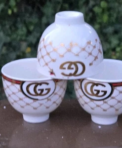 3 GUCCI Demitasse Cups Red White & Gold 3 Ounces - Picture 1 of 6