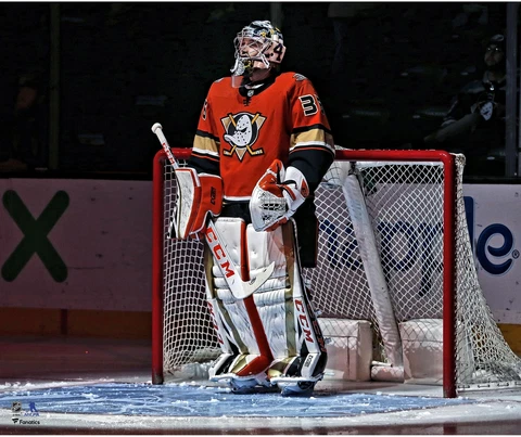 John Gibson Anaheim Ducks Unsigned Orange Alternate Jersey Pregame 20 x 24 Photo Cover