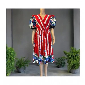 VTG Melissa Dress Women's Puff Sleeve Floral Striped Cottagecore 80s Size 12 - Picture 1 of 10