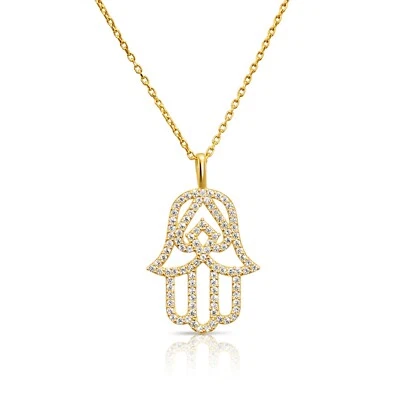 14K Real Solid Yellow Gold Pave Hamsa Hand of Fatima CZ Pendant Necklace 18 in - Image 1 of 4