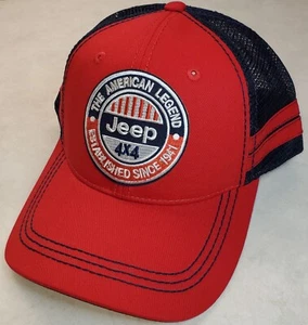 JEEP 4X4 Patch on Sportsman 2-Stripe Trucker Hat Snapback Red/Navy - Picture 1 of 8