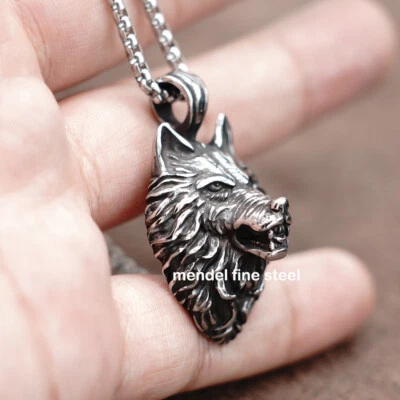 Collar colgante con cabeza de lobo Fenrir vikingo de acero inoxidable para hombre MENDEL plateado Foto 1 de 4