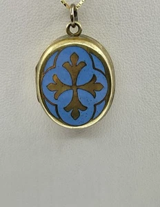 Viktorianisches Momento Mori hellblau Emaille Gold Kreuz Mitte RG Trauer Medaillon - Bild 1 von 20