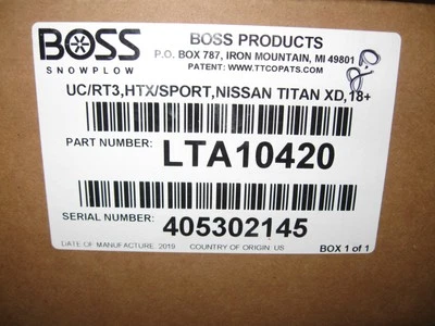 BOSS PLOW "RT3 HTX SPORT DUTY ONLY" TRUCK MOUNT LTA10420 2018+ NISSAN TITAN XD - Image 1 of 2