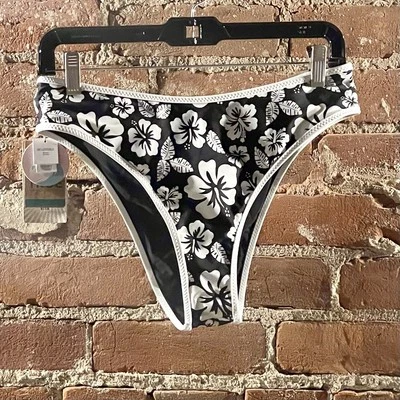 Volcom Women's Coco Skimpy Bikini Bottom Reversible Size L Black Hawaiian Print - Image 1 of 4