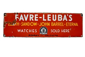 Insegna Smaltata Porcellana Favre Leuba Vintage 20x6 Bombay Calcutta Orologio Pubblicità - Foto 1 di 5