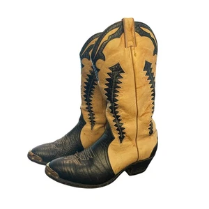 Boulet Western Cowboy Boots Mens 10.5 Two Tone Black Tan Leather Rodeo - Picture 1 of 10
