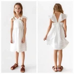Zara Girls White Linen Pinafore Dress Size 8 M Sleeveless Ruffled Retro Summer - Picture 1 of 13