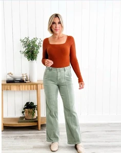 Pantalones de mezclilla Judy Blue Working Girl Sage tiro alto costura frontal pierna recta talla 15 nuevos con etiquetas - Imagen 1 de 8