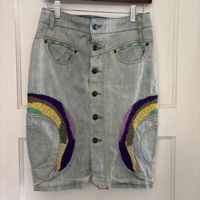 Falda Oilily Vintage Para Mujer Talla 34 Denim Botón Frontal Bordado Bolsillos Foto 1 de 4