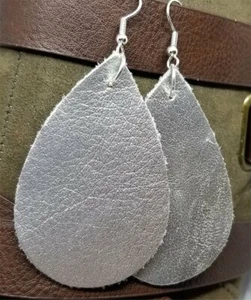 Metallic Silver Tear Drop Shaped Real Leather Earrings - Picture 1 of 4