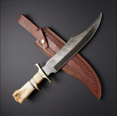 Faca Bowie de caça aço Damasco cabo osso de camelo com bainha de couro - Imagem 1 de 4