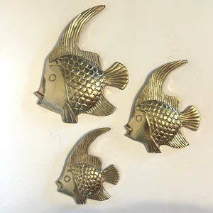 3er Set Vintage Wandbehang massiv Messing tropisch Engel Fisch Retro MCM Indien - Bild 1 von 12