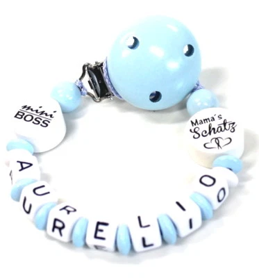  Schnullerkette mit Namen MiniBoss Mamas Schatz Junge blau weiss - Bild 1 von 4