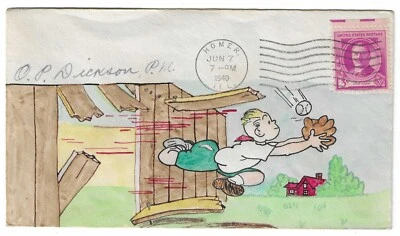 US SC# 881 ON 1940 " HOMER " ILL. HAND DRAWN BASEBALL COVER SIGNED BY POSTMASTER - Image 1 of 2