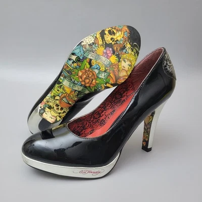 Zapatos de salón Ed Hardy Sky High de charol negro para mujer 6 tacones de aguja plateados de 4" Foto 1 de 4