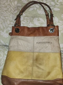 B MAKOWSKY große Umhängetasche Schultertasche dreifarbig gelb hellbraun braun Leder  - Bild 1 von 13