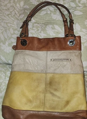 B MAKOWSKY Tri-Color Yellow Tan Brown Leather Large Satchel Shoulder Bag  - Image 1 of 4