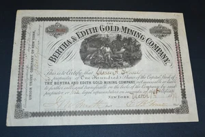 The Bertha & Edith Gold Mining Company 1879 Aktienzertifikat - Virginia - Bild 1 von 1