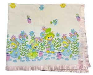 Vintage Anthropomorphic Kitty Cats Baby Blanket Pink Satin Trim 43”x 36” Retro - Picture 1 of 10