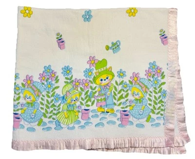 "Manta bebé gato gatito antropomórfico vintage rosa satinado 43""x 36"" MCM Foto 1 de 4