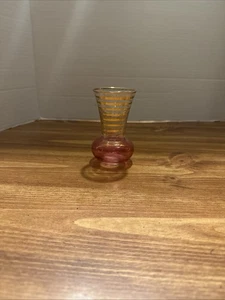 Vintage Bartlett Collins Knospenvase Preiselbeerglas Goldwirbel 4 Zoll - Bild 1 von 7