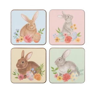 Juego de 4 posavasos multicolor floral de Pascua lindo conejo cuidador de bebidas - Imagen 1 de 4